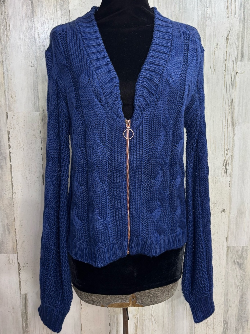 For Love And Lemons Navy Cable V-Neck Zip Sweater